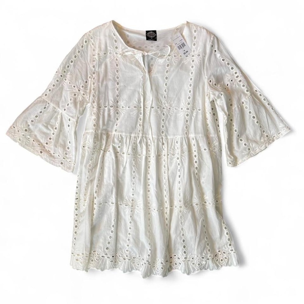 Calistyle white babydoll tunic eyelet tie dress bell sleeves womens size M NWT‎